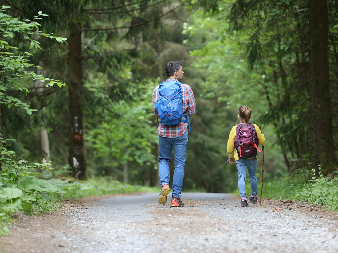 Person in blauer Jacke auf Waldweg – Softshell oder Hardshell für Kinderjacken im Herbst