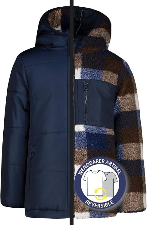 Wichtel Outlet Salt and Pepper reversible fleece jacket for kids with a navy side and a brown blue plaid side