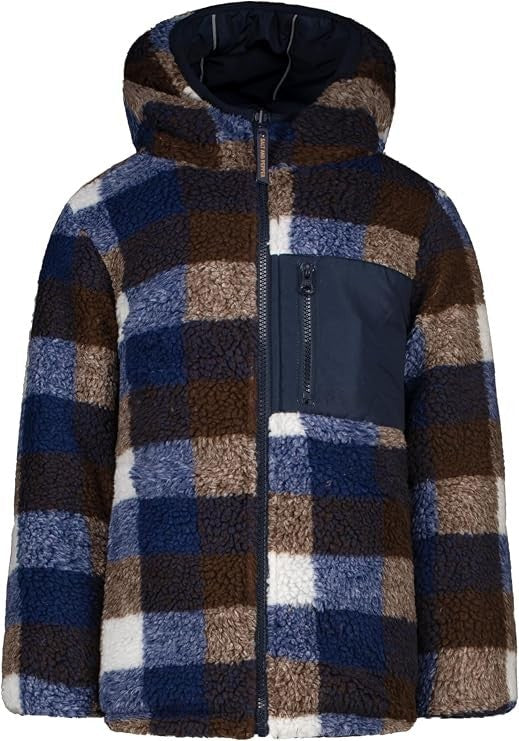 Wichtel Outlet Salt and Pepper reversible fleece jacket for kids featuring a blue and brown checkered pattern