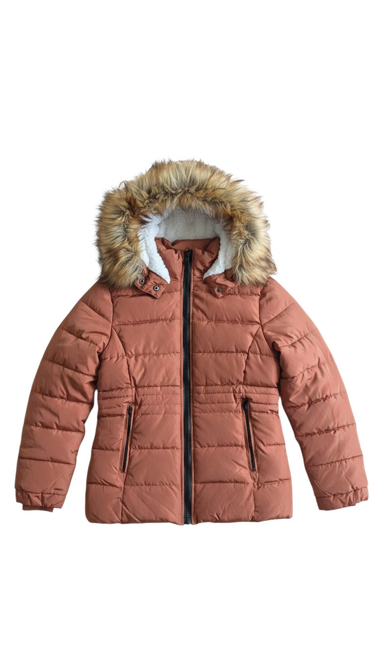 Wichtel Outlet Steve Madden quilted jacket in rust orange with a white faux fur lined hood for kids
